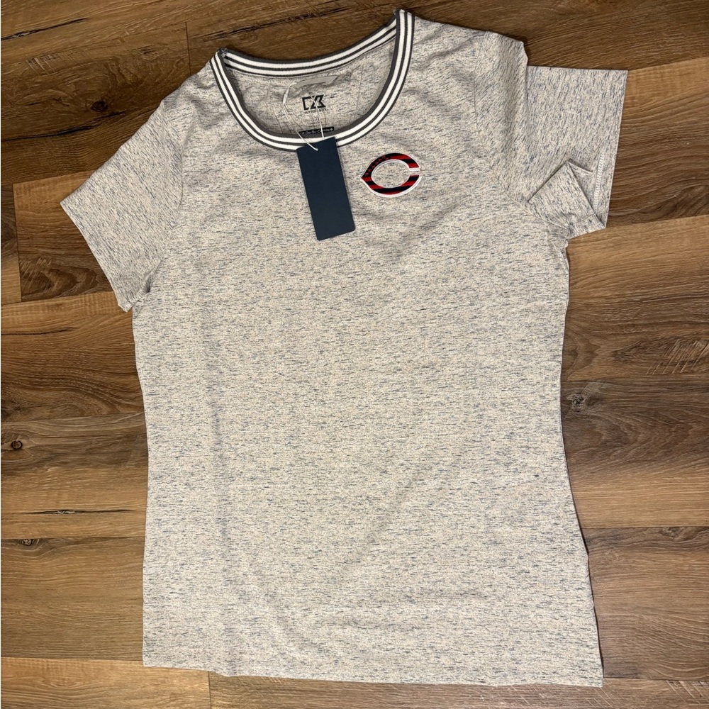 Cutter & Buck Women’s Heather Gray Short Sleeve Tee Navy-Trim Collar Red Accent